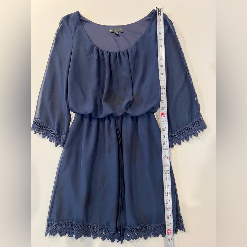 City Studio Crochet Blouson Waist Split Sleeve Navy Dress Sheer Small Delicate - Picture 2 of 15